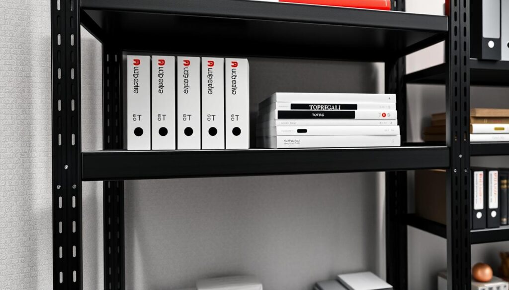 Detailed close-up of a sturdy, long-lasting office shelving unit from the TOPREGALI brand. The shelves are made of durable steel with a sleek, modern matte black finish. Ambient lighting illuminates the solid, heavy-duty frame, highlighting its impressive build quality and stability. The shelves are generously spaced, allowing for efficient storage and organization of various office supplies, books, and documents. The overall design exudes a professional, high-quality aesthetic suitable for a contemporary workspace.