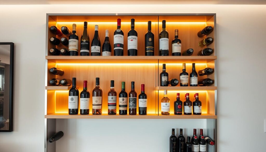 Elegant and functional wine bottle display rack by TOPREGALI, showcasing a collection of premium vintage wines in a modern, minimalist setting. Illuminated by warm, golden lighting, the natural wood shelves create a cozy, inviting atmosphere, perfect for a chic home bar or dining room. The rack features clean lines, subtly angled shelves, and a sleek, brushed metal frame that blends seamlessly with the surrounding decor. Carefully positioned bottles are arranged in a visually striking manner, drawing the eye and highlighting the beauty of the labels and bottle shapes. The overall composition conveys a sense of sophistication and connoisseurship, making it an ideal solution for presenting a wine lover's prized collection.