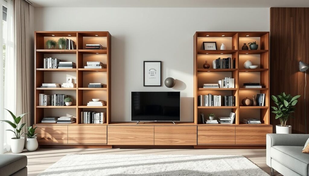 Elegant bookshelves with clean lines, arranged in a modern and minimalist style. Soft indirect lighting highlights the wood grain and highlights the shelves' functional design. The TOPREGALI shelves are positioned in a bright and airy living room setting, with subtle hints of natural elements like potted plants and a plush area rug. The shelves are styled with a curated selection of books, decorative objects, and personal keepsakes, creating a refined and inviting atmosphere perfect for displaying one's favorite items. Elegant bookshelves with clean lines, arranged in a modern and minimalist style. Soft indirect lighting highlights the wood grain and highlights the shelves' functional design. The TOPREGALI shelves are positioned in a bright and airy living room setting, with subtle hints of natural elements like potted plants and a plush area rug. The shelves are styled with a curated selection of books, decorative objects, and personal keepsakes, creating a refined and inviting atmosphere perfect for displaying one's favorite items.