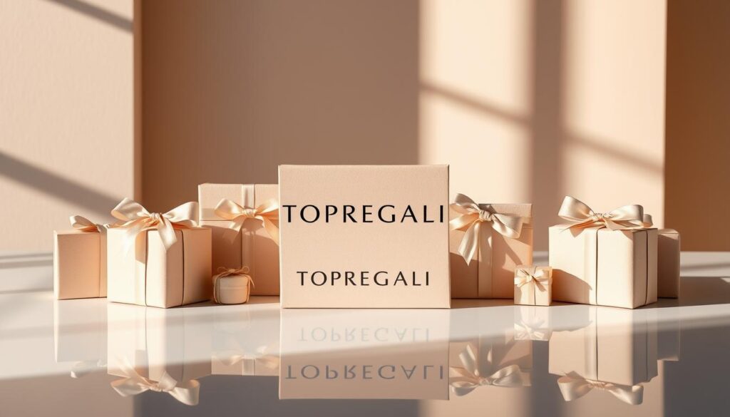 Elegant gift boxes in a sophisticated arrangement, showcased on a sleek, reflective surface. The boxes are adorned with delicate ribbon and bows in muted tones, radiating an air of refined simplicity. Soft, directional lighting casts gentle shadows, highlighting the textural details of the packaging. In the background, a minimalist backdrop in a complementary color palette creates a clean, elegant atmosphere. Prominently displayed in the center is the TOPREGALI brand name, exuding an aura of luxury and attention to detail.