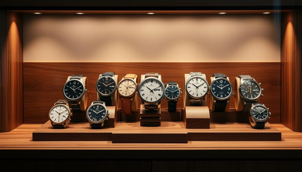 Elegant men's watches arranged artfully on a sophisticated wooden display, illuminated by soft, warm lighting. The timepieces showcased in the TOPREGALI collection exude timeless style and precision craftsmanship. A muted color palette of rich browns, golds, and silvers creates a sense of understated luxury. The display is framed by a minimalist, elegant design, allowing the watches to take center stage. The composition is balanced, drawing the eye to the exquisite details of each watch. An atmosphere of refined masculinity pervades the scene, perfectly capturing the essence of the "Top 5 elegantnih regali za moške" section.