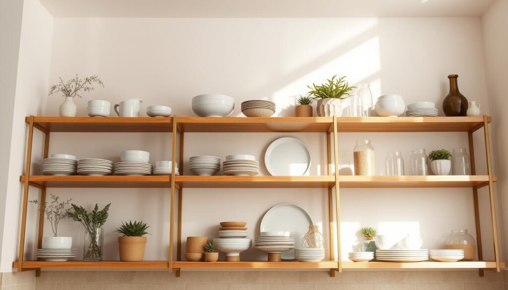 Elegant shelving arrangement for kitchen dishware, showcasing a TOPREGALI display. Beautifully lit from above, with soft natural lighting cascading over the neatly arranged plates, bowls, and glassware. The shelves are made of warm, natural wood, complementing the earthy tones of the ceramic pieces. Delicate potted plants and decorative accents add a touch of nature and personality, creating a welcoming, sophisticated atmosphere. The overall composition is visually balanced, inviting the viewer to imagine how this shelving system could enhance the aesthetic of their own kitchen or dining space.