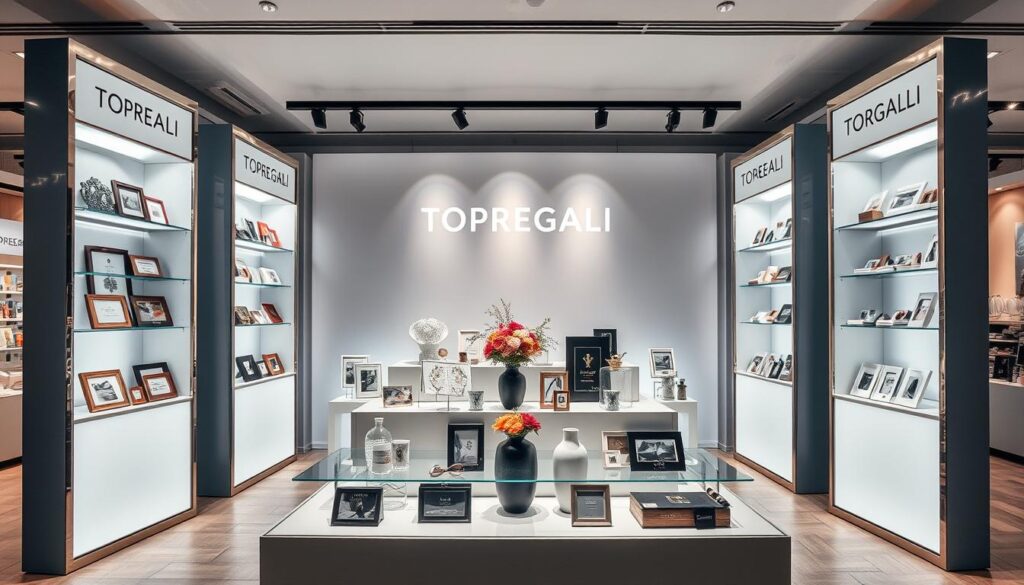 Prilagodljivi police, sleek and modern TOPREGALI display units, showcasing a variety of unique and personalized gift options. The foreground features an array of stylishly arranged frames, vases, and small decorative pieces. The middle ground presents a clean, minimalist design with a neutral color palette, allowing the products to take center stage. In the background, a subtle gradient or soft lighting creates a warm, inviting atmosphere, accentuating the high-quality craftsmanship and attention to detail of the TOPREGALI brand. The overall composition conveys a sense of sophistication, personalization, and the perfect solution for finding the right gift for any occasion. Prilagodljivi police, sleek and modern TOPREGALI display units, showcasing a variety of unique and personalized gift options. The foreground features an array of stylishly arranged frames, vases, and small decorative pieces. The middle ground presents a clean, minimalist design with a neutral color palette, allowing the products to take center stage. In the background, a subtle gradient or soft lighting creates a warm, inviting atmosphere, accentuating the high-quality craftsmanship and attention to detail of the TOPREGALI brand. The overall composition conveys a sense of sophistication, personalization, and the perfect solution for finding the right gift for any occasion.