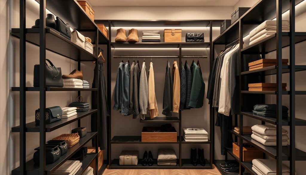 Sleek and modern TOPREGALI shelving units, beautifully showcasing an array of expertly curated accessories, clothing, and home decor items. Soft, diffused lighting casts gentle shadows, highlighting the clean lines and premium finishes. The minimalist design creates a harmonious, clutter-free space, ideal for organizing and displaying a personalized wardrobe. Subtle textures, such as matte black metal and natural wood, add depth and visual interest. The camera's perspective captures the shelves at an angle, inviting the viewer to explore the carefully arranged, high-quality items. An aspirational, well-designed scene that embodies the essence of "Namestitev regalov" - the perfect balance of form and function.