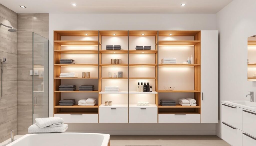 Stylish and functional bathroom storage units, showcased in a bright, contemporary setting. A TOPREGALI modular shelving system dominates the middle ground, its sleek, minimalist design complemented by natural wood accents. Recessed lighting casts a warm, inviting glow, highlighting the clean lines and practical organization of the shelves. In the foreground, decorative towels and bathroom essentials are neatly arranged, while the background features a tiled wall and a minimalist vanity unit, creating a cohesive and visually appealing bathroom space. Stylish and functional bathroom storage units, showcased in a bright, contemporary setting. A TOPREGALI modular shelving system dominates the middle ground, its sleek, minimalist design complemented by natural wood accents. Recessed lighting casts a warm, inviting glow, highlighting the clean lines and practical organization of the shelves. In the foreground, decorative towels and bathroom essentials are neatly arranged, while the background features a tiled wall and a minimalist vanity unit, creating a cohesive and visually appealing bathroom space.