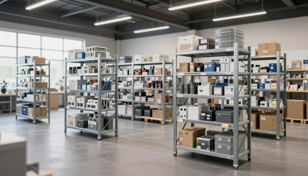 A modern commercial space showcasing various types of industrial shelving solutions by Top Racks. In the foreground, highlight sturdy metal shelving units filled with an array of products, emphasizing the organization and accessibility. The middle ground features different shelving styles, such as adjustable shelving and pallet racking, displaying a variety of applications from retail to warehouse settings. The background includes a spacious industrial environment with soft, diffused natural lighting streaming through large windows, creating an inviting atmosphere. Use a wide-angle lens perspective to enhance depth and dimension. The overall mood should convey efficiency and professionalism, illustrating the importance of optimizing space with effective shelving solutions.