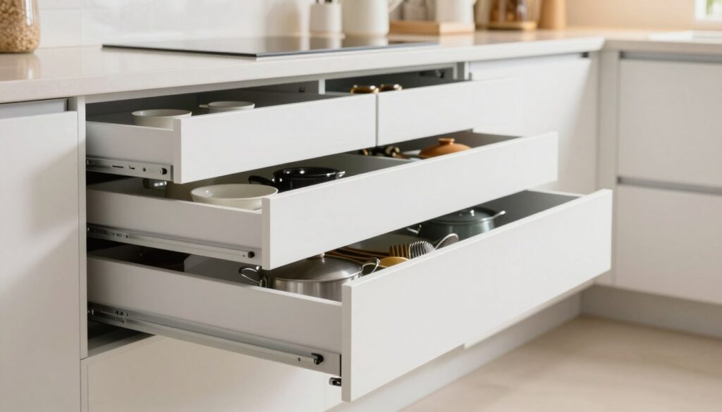 A modern kitchen featuring sleek, white sliding drawers installed in a stylish cabinet system by Top Racks. In the foreground, focus on an open drawer revealing neatly organized kitchenware, including pots, pans, and utensils. In the middle ground, showcase a row of additional closed sliding drawers that seamlessly blend into the cabinetry, emphasizing clean lines and contemporary design. The background features soft, diffused lighting illuminating the kitchen space, creating a warm and inviting atmosphere. Capture the scene from a slightly elevated angle, showcasing the functionality and accessibility of the sliding storage shelves. The mood is practical yet aesthetically pleasing, ideal for homeowners looking to maximize their storage solutions.