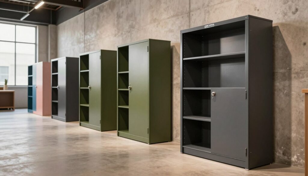 A modern showroom displaying a variety of industrial metal cabinets from the brand "Top Racks." In the foreground, focus on a sleek, dark grey cabinet with multiple shelves and a sturdy locking mechanism, showcasing its robust construction. The middle ground features a selection of cabinets in varying sizes and colors, such as olive green and powder-coated blue, arranged neatly against a textured concrete wall. The background shows an expansive, well-lit space with high ceilings and large windows, allowing natural light to flood the area, enhancing the industrial aesthetic. Use a soft, warm lighting to create a welcoming atmosphere. Capture the scene with a wide-angle lens for a spacious feel, emphasizing the versatility and functionality of these cabinets in an industrial setting. A modern showroom displaying a variety of industrial metal cabinets from the brand "Top Racks." In the foreground, focus on a sleek, dark grey cabinet with multiple shelves and a sturdy locking mechanism, showcasing its robust construction. The middle ground features a selection of cabinets in varying sizes and colors, such as olive green and powder-coated blue, arranged neatly against a textured concrete wall. The background shows an expansive, well-lit space with high ceilings and large windows, allowing natural light to flood the area, enhancing the industrial aesthetic. Use a soft, warm lighting to create a welcoming atmosphere. Capture the scene with a wide-angle lens for a spacious feel, emphasizing the versatility and functionality of these cabinets in an industrial setting.