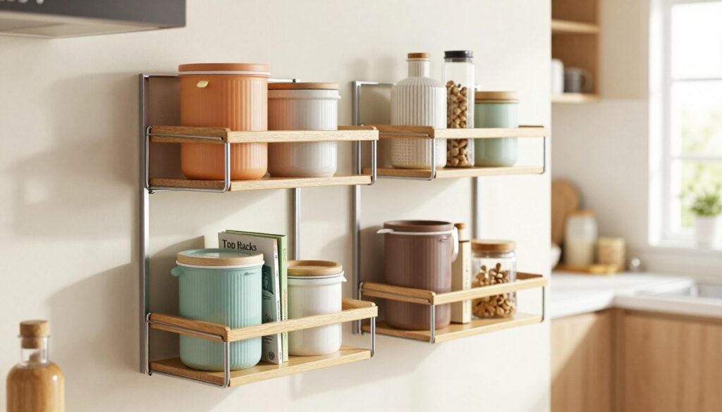 A modern, stylish kitchen featuring "Top Racks" compact storage racks made of sleek metal and wood, organized neatly against the wall. In the foreground, a close-up of a well-arranged rack demonstrating efficient use of space, with colorful containers, books, and decor items. The middle section consists of additional storage options, showcasing the versatility and functionality of the racks. The background includes a softly lit kitchen setting with natural light streaming through a window, enhancing the inviting atmosphere. The angle is slightly elevated, offering a comprehensive view of the shelving arrangement. The overall mood is clean, organized, and practical, emphasizing easy maintenance through thoughtful arrangement and access.