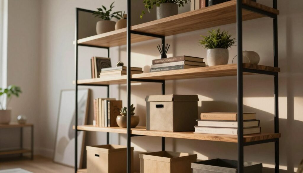 A modern, stylish modular shelving unit by Top Racks occupies the foreground, showcasing multiple levels filled with a variety of decorative items like books, plants, and storage boxes. The shelves are made of sleek, natural wood and matte black metal accents, conveying a contemporary look. In the middle ground, a softly lit room is visible, with warm ambient light streaming through a large window, casting gentle shadows that enhance the textures of the shelving. The background features a cozy, minimalistic living space, subtly suggesting a connection to the atmosphere of organized efficiency. Capture the image from a low angle to emphasize the height and structure of the shelving. The mood should feel inviting, promoting a sense of affordable elegance and practicality for storage solutions.
