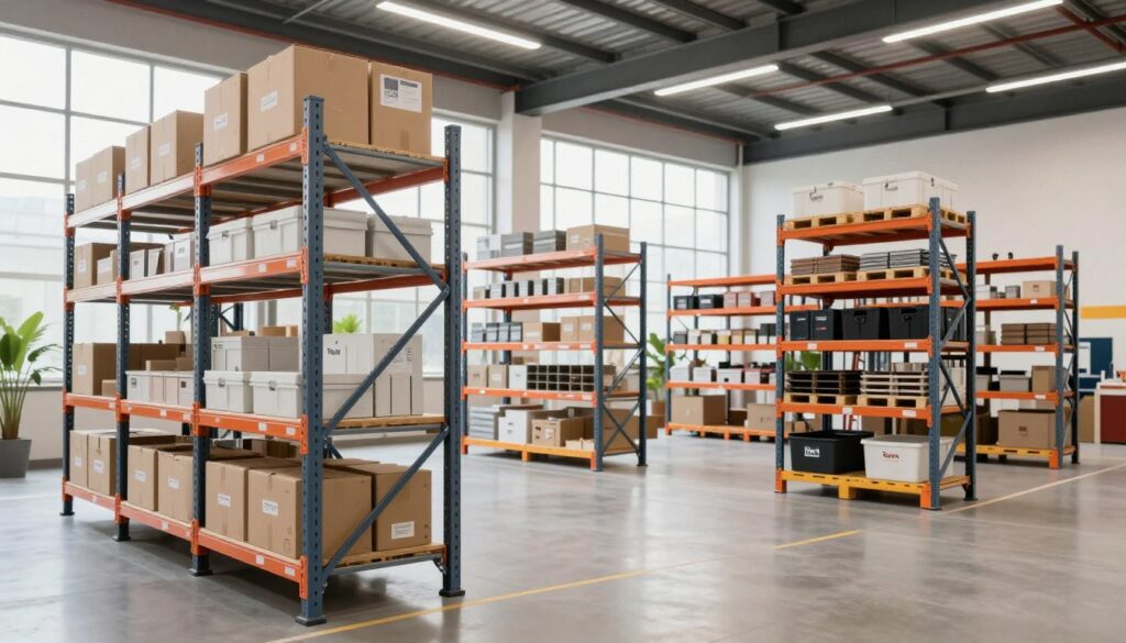 A modern warehouse interior featuring innovative storage solutions by "Top Racks." In the foreground, display sleek, adjustable shelving systems designed for maximizing vertical space, with neatly arranged boxes and bins illustrating organization. In the middle, showcase an array of compact pallet racking and mobile shelving units, emphasizing efficiency and space optimization, with easy accessibility for workers. In the background, large windows allow natural light to flood in, enhancing the spacious atmosphere; add a hint of greenery from indoor plants for a touch of warmth. Capture the scene from a low angle, focusing on the height of the storage solutions, with bright, clean lighting to convey a sense of productivity and modernity, creating an inspiring and efficient warehouse environment.