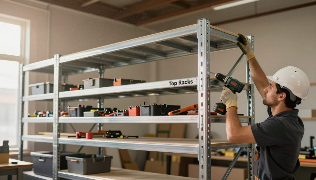 A well-lit workshop scene featuring a heavy duty shelving installation from "Top Racks". In the foreground, a professional man wearing a safety helmet and work gloves assembles the shelving unit with a power drill, showcasing easy installation tips. In the middle background, various completed utility shelving units display a neat organization of tools and storage bins, demonstrating functionality and space maximization. Soft natural light filters through a window, creating a warm atmosphere. Dust particles gently illuminate in the light, emphasizing the industrious mood. The angle captures the action from slightly below eye level, focusing on the shelves and the installation progress, aiming for clarity and engagement. The overall vibe is professional and informative, reflecting a hands-on approach to organizing space effectively.