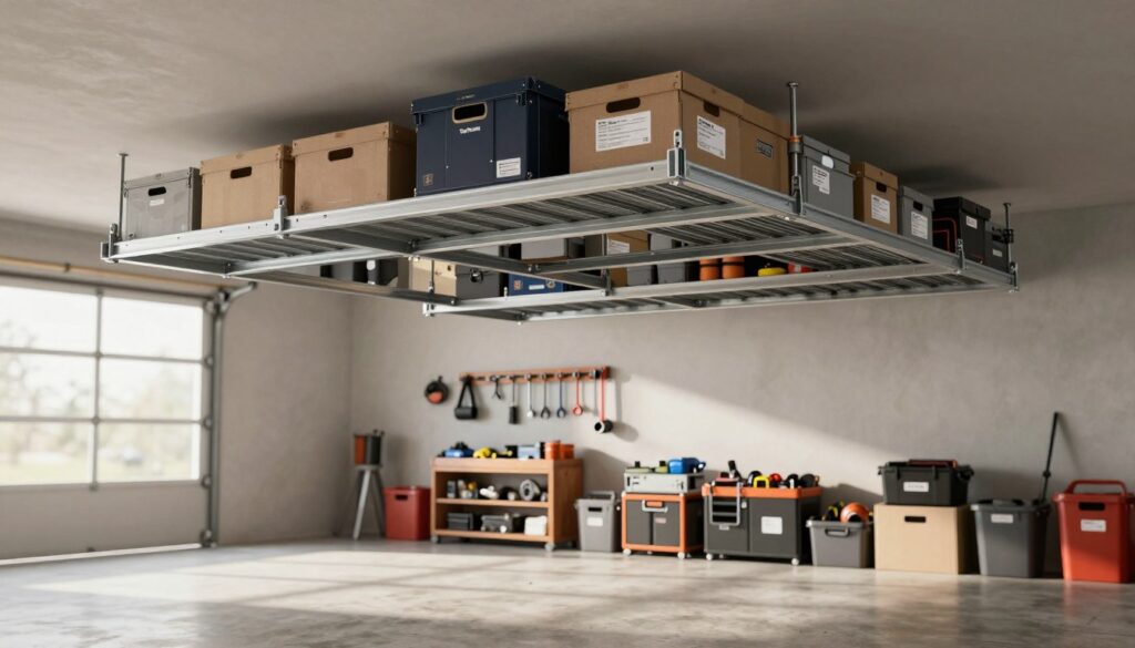 Ceiling mounted storage racks in a modern garage setting, showcasing the "Top Racks" brand. In the foreground, gleaming metal racks are filled with neatly organized boxes, sporting labels for easy identification. The middle ground features tools and equipment displayed in an orderly fashion beneath the racks, enhancing the functional space. In the background, a spacious garage with concrete flooring and minimalistic decor. Soft, natural light streams in through a window, casting gentle shadows that create a welcoming atmosphere. The angle is slightly upward from the floor, emphasizing the height of the racks and the openness of the space, inviting viewers to visualize maximizing storage using overhead solutions.