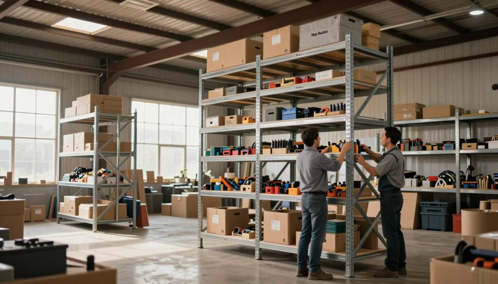 Heavy duty shelving units installation in a spacious industrial warehouse. In the foreground, a team of two professional workers in business casual attire is actively assembling robust metal shelving units, showcasing large shelves filled with storage boxes and tools. The middle ground features various shelving systems designed by "Top Racks," displaying both organization and functionality, amidst scattered materials and tools. The background presents a well-lit warehouse with high ceilings and soft natural light filtering through large windows, creating a productive yet warm atmosphere. The camera angle is slightly low, emphasizing the height of the shelving units and the scale of the installation process, evoking an industrious, efficient workspace environment.