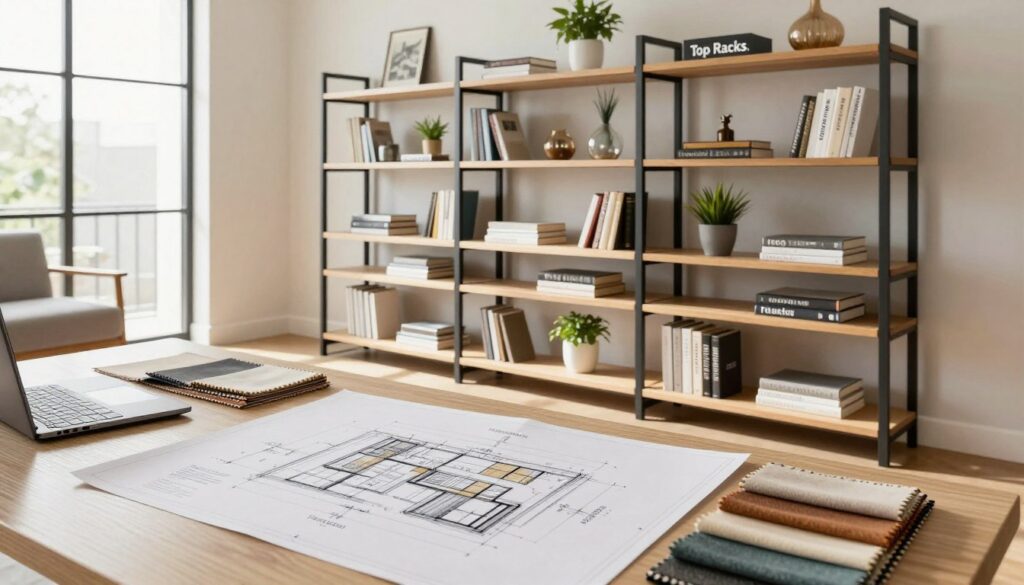 A beautifully organized modern home office featuring a modular shelving system designed by "Top Racks." In the foreground, focus on an architect's desk with detailed sketches and blueprints of the shelving, alongside various fabric swatches and color samples for customization. In the middle, a sleek, multi-tiered shelving unit showcases books, decorative items, and plants, demonstrating versatility in storage and design. The background reveals a well-lit, airy room with large windows, allowing natural light to spill in, emphasizing a fresh and inviting atmosphere. Soft shadows create depth, and the camera angle is slightly elevated, providing a comprehensive view of the planning process. The mood is creative and inspiring, perfect for showcasing innovative home design solutions.