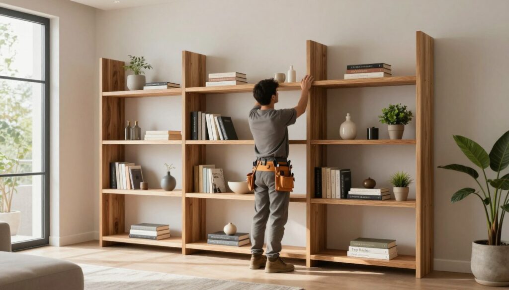 A modern, spacious living room featuring a beautifully installed custom shelving unit by "Top Racks" as the focal point. In the foreground, a sleek, minimalist wooden shelf holds neatly arranged books, decorative items, and plants, emphasizing organization and style. The middle ground showcases a professional installer wearing a tool belt and modest casual clothing, carefully positioning shelves to ensure balance and stability. The background includes soft, natural lighting streaming through a large window, casting gentle shadows and highlighting the textures of the wood. The scene conveys a sense of harmony and efficiency, evoking a mood of home improvement and effortless organization, ideal for homeowners looking to enhance their space.