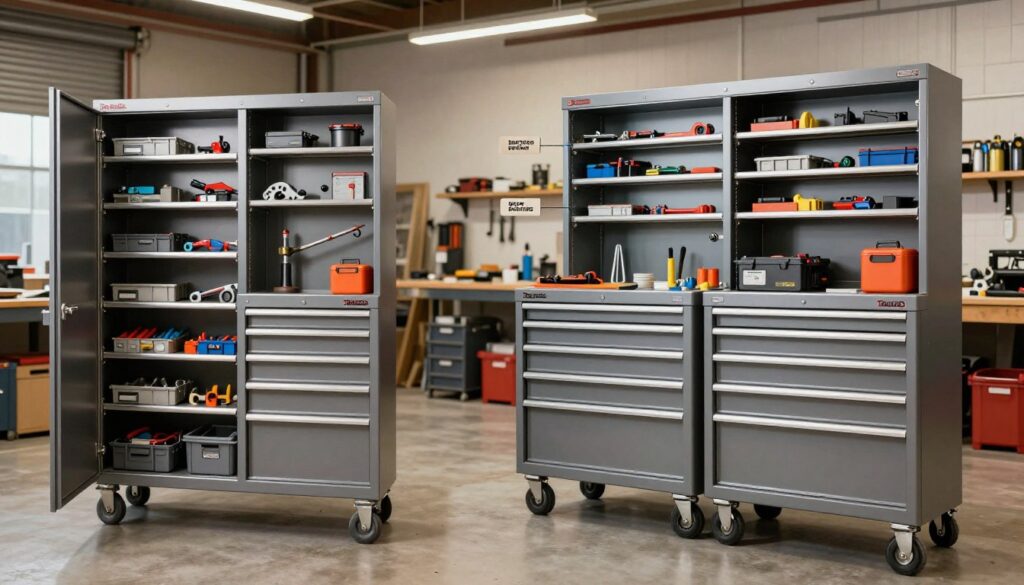 A side-by-side comparison of popular tool storage cabinets, featuring high-quality cabinets from brands like "Top Racks." In the foreground, display sleek metal cabinets in various sizes, showcasing their organized interiors filled with tools and accessories. In the middle ground, include detailed labels or features highlighted, such as adjustable shelves and heavy-duty drawers, all displayed under soft, even lighting that enhances the industrial feel. The background should feature a well-lit workshop setting, emphasizing a clean, efficient workspace atmosphere. Use a wide-angle lens perspective to capture the entire scene, accentuating the cabinets' robust designs. Overall, create a professional and inviting mood conducive to productivity and organization.