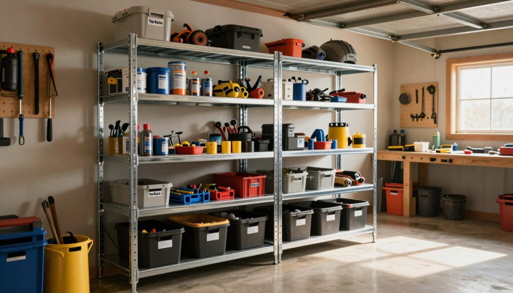Heavy duty garage shelves prominently displayed in a well-organized garage setting, showcasing robust, industrial-style metal shelving units by "Top Racks". The foreground features various tools and storage bins neatly arranged on the shelves, some labeled for easy identification. In the middle ground, additional shelves are mounted on the wall, filled with home improvement supplies and outdoor gear. The background includes a well-maintained workbench and tools hanging on pegboards, illuminated by warm, natural light from a nearby window. The atmosphere is practical and efficient, evoking a sense of reliability and readiness for any project. The angle of the shot is slightly elevated, capturing the full perspective of the space without any human figures present.