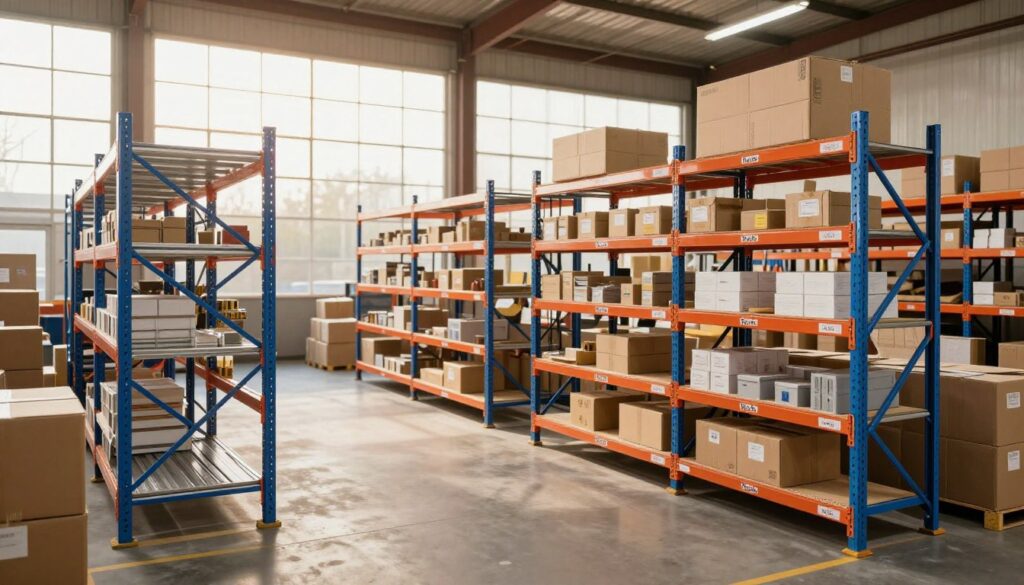 Spacious warehouse interior featuring organized shelving units branded "Top Racks" in the foreground, showcasing various sizes and configurations of steel shelving in vibrant colors. The middle ground includes a wide aisle filled with boxes and inventory, indicating a bustling storage environment. In the background, large windows allow warm, natural light to filter in, creating a bright and inviting atmosphere. The angle of the shot is slightly elevated, capturing depth and perspective, while soft shadows enhance the textures of the shelving materials. The overall mood is professional and efficient, reflecting a well-organized space perfect for storage solutions.